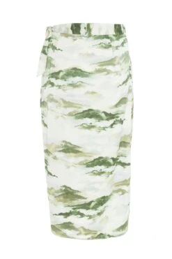 Green Marble Print Wrap Midi Skirt -Claasyoo Shop 00100039045 ZB