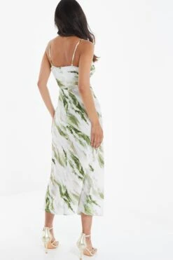Green Marble Print Satin Midaxi Dress -Claasyoo Shop 00100039065 XB