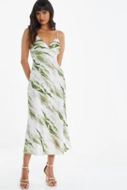 Green Marble Print Satin Midaxi Dress -Claasyoo Shop 00100039065 XM