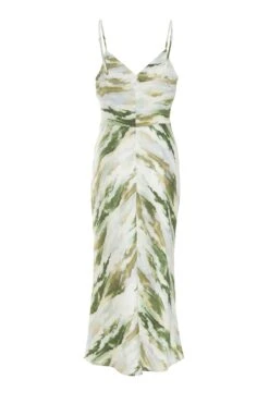 Green Marble Print Satin Midaxi Dress -Claasyoo Shop 00100039065 ZB