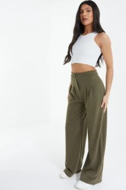 Khaki High Waisted Palazzo Trousers -Claasyoo Shop 00100039072 XS