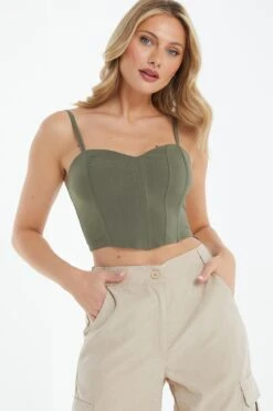Khaki Cropped Corset Top -Claasyoo Shop 00100039087 XM
