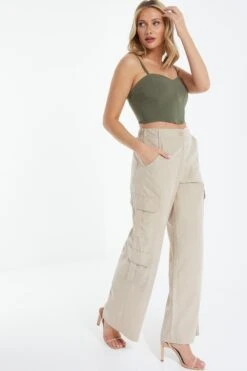 Khaki Cropped Corset Top -Claasyoo Shop 00100039087 XS