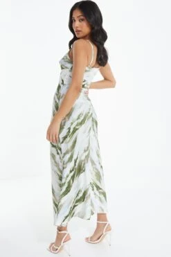 Petite Green Marble Print Satin Midaxi Dress -Claasyoo Shop 00100039109 XB