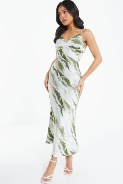 Petite Green Marble Print Satin Midaxi Dress -Claasyoo Shop 00100039109 XS