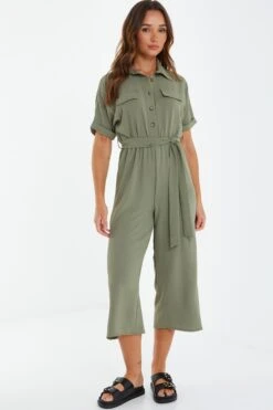 Khaki Utility Culotte Jumpsuit -Claasyoo Shop 00100039125 XM