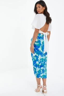 Blue Satin Tropical Print Ruched Midi Skirt -Claasyoo Shop 00100039128 XB