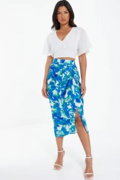 Blue Satin Tropical Print Ruched Midi Skirt -Claasyoo Shop 00100039128 XM