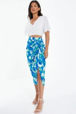 Blue Satin Tropical Print Ruched Midi Skirt -Claasyoo Shop 00100039128 XS