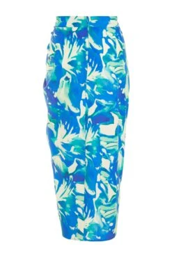 Blue Satin Tropical Print Ruched Midi Skirt -Claasyoo Shop 00100039128 ZB