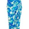 Blue Satin Tropical Print Ruched Midi Skirt -Claasyoo Shop 00100039128 ZM