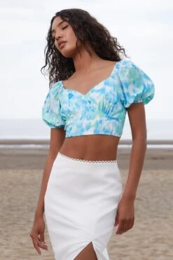 Blue Marble Print Crop Top -Claasyoo Shop 00100039148 XS