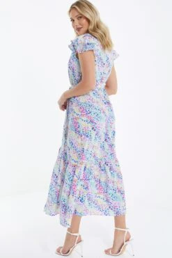 Multicoloured Animal Print Frill Sleeve Midi Dress -Claasyoo Shop 00100039292 XB