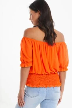 Orange Pleated Bardot Top -Claasyoo Shop 00100039366 XB