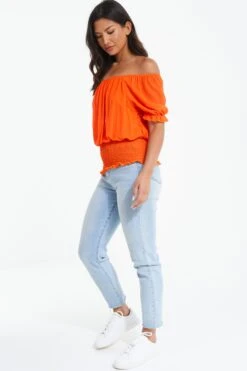Orange Pleated Bardot Top -Claasyoo Shop 00100039366 XS