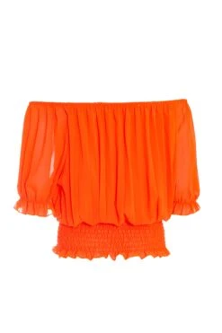 Orange Pleated Bardot Top -Claasyoo Shop 00100039366 ZB