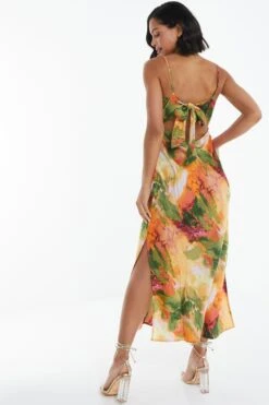 Multicoloured Satin Marble Print Midaxi Dress -Claasyoo Shop 00100039374 XB