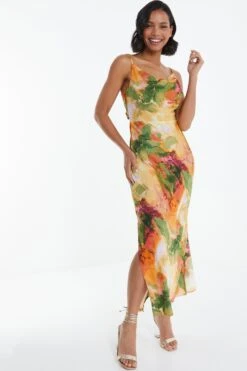 Multicoloured Satin Marble Print Midaxi Dress -Claasyoo Shop 00100039374 XM