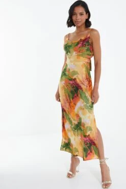 Multicoloured Satin Marble Print Midaxi Dress -Claasyoo Shop 00100039374 XS