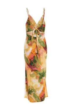Multicoloured Satin Marble Print Midaxi Dress -Claasyoo Shop 00100039374 ZB