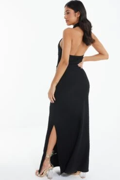 Petite Black Halterneck Textured Maxi Dress -Claasyoo Shop 00100039463 XB