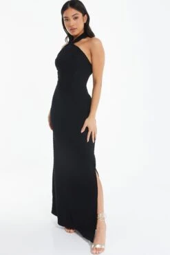 Petite Black Halterneck Textured Maxi Dress -Claasyoo Shop 00100039463 XS