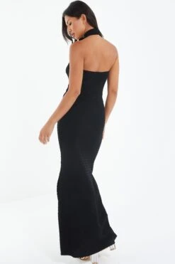Black Halterneck Textured Maxi Dress -Claasyoo Shop 00100039495 XB