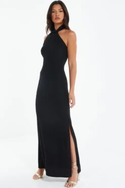 Black Halterneck Textured Maxi Dress -Claasyoo Shop 00100039495 XS