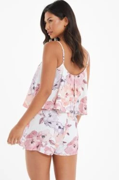 Pink Floral Satin Frill Playsuit -Claasyoo Shop 00100039503 XB