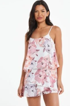 Pink Floral Satin Frill Playsuit -Claasyoo Shop 00100039503 XM