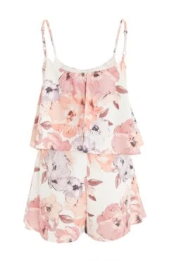 Pink Floral Satin Frill Playsuit -Claasyoo Shop 00100039503 ZB