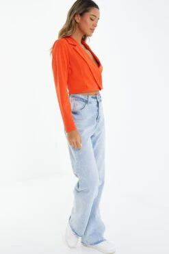 Orange Cropped Tailored Blazer 11 Orange Cropped Tailored Blazer -Claasyoo Shop 00100039598 XS