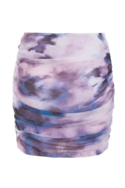 Purple Marble Print Mesh Ruched Mini Skirt -Claasyoo Shop 00100039615 ZB