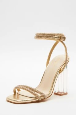 Gold Diamante Clear Heeled Sandals -Claasyoo Shop 00100039710 XB