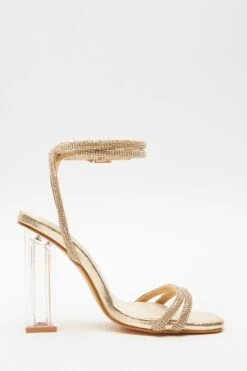 Gold Diamante Clear Heeled Sandals -Claasyoo Shop 00100039710 ZS