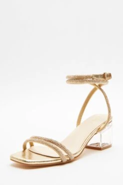 Gold Diamante Clear Low Heeled Sandals -Claasyoo Shop 00100039711 XB