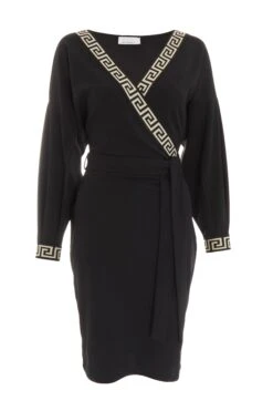 Black Geometric Trim Wrap Mini Dress