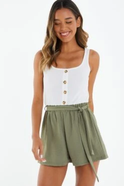 Khaki Button Front Playsuit -Claasyoo Shop 00100039802 XM