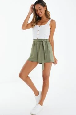 Khaki Button Front Playsuit -Claasyoo Shop 00100039802 XS